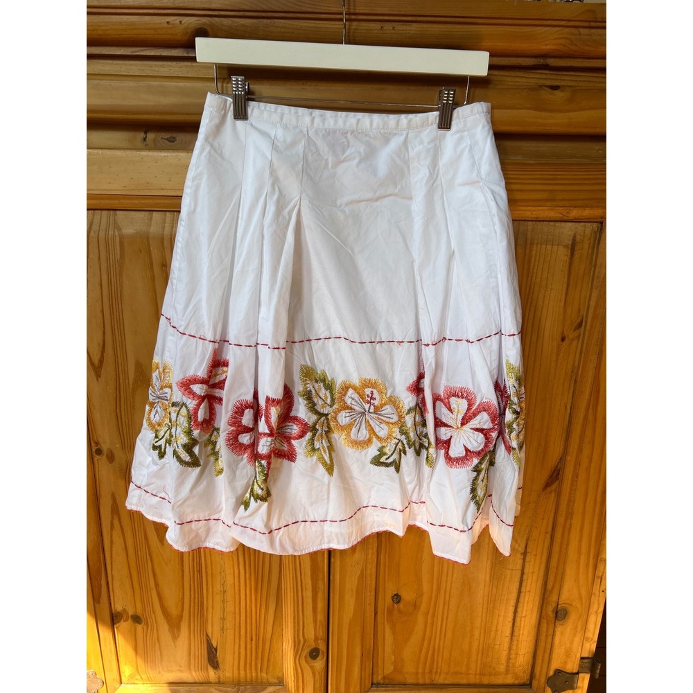 Sunny Leigh White Cotton Floral Embroidered Pleated Midi Skirt Size 6 Tropical